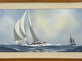 painting of two sailboats in the ocean with a sky background