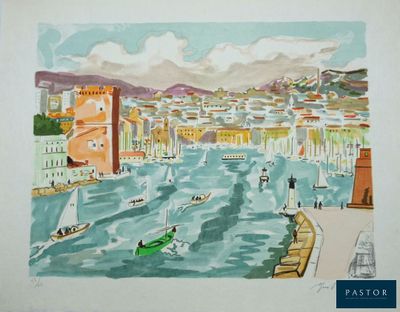 une photo d'un tableau représentant un port avec des bateaux