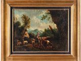 une peinture à l'huile représentant un paysage avec des moutons et un homme à cheval