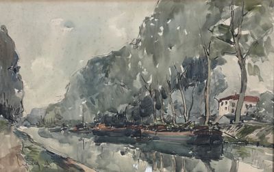 une aquarelle représentant un bateau sur une rivière