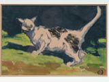 a painting of a cat that is walking in the grass