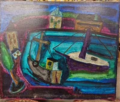 une peinture représentant un bateau posé par terre
