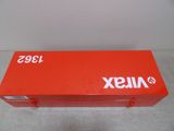 a close up of a red box with a white logo on it