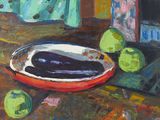 une peinture représentant une aubergine dans un bol posé sur une table
