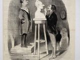 an old book with a drawing of a man sitting on a stool and another man standing next to him