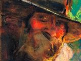 une peinture à l'huile représentant un homme coiffé d'un chapeau, tenant un verre de vin