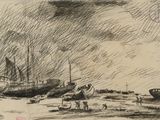 croquis représentant des bateaux sur une plage, avec des personnes et un chien au premier plan