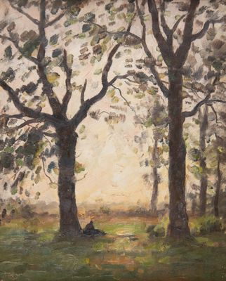 une peinture à l'huile représentant une personne assise sous un arbre dans un champ