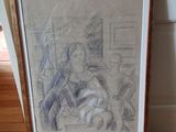 framed drawing of a woman sitting on a couch in a living room