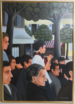 painting of a crowd of people standing in front of a building