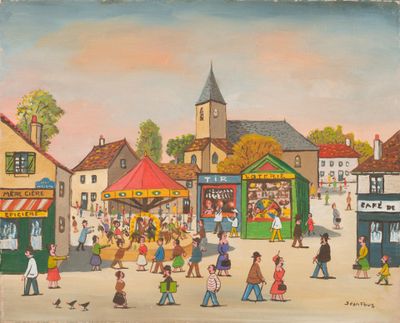 painting of a busy street scene with people walking and shopping