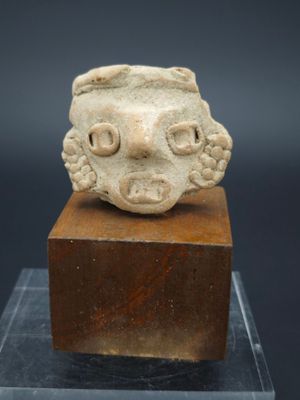un gros plan sur une statue représentant une tête posée sur un bloc de bois