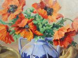 a painting of a blue vase with orange flowers in it