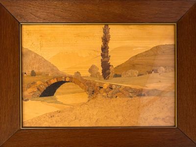 une image d'une peinture représentant un pont sur une rivière