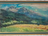 an oil painting of a mountain scene with a green field