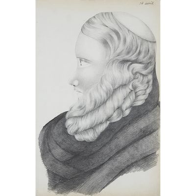 a black and white drawing of a man with a beard