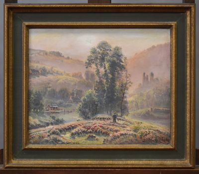 une peinture à l'huile d'un paysage avec une maison au loin