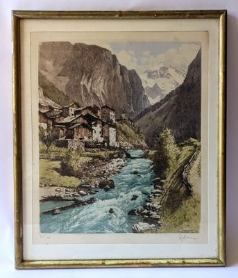 painting of a mountain village with a river in the foreground