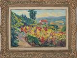 une peinture à l'huile représentant une route de campagne avec des fleurs au premier plan