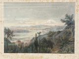 an old painting of a view of a city from a hill