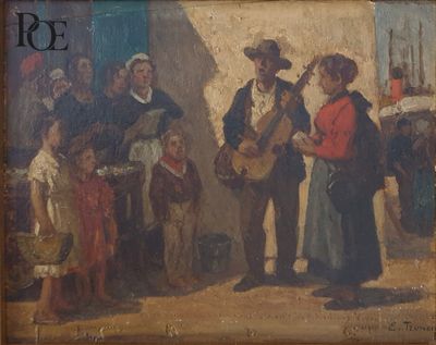 tableau représentant un groupe de personnes debout autour d'un homme qui joue de la guitare