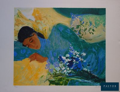 un tableau représentant une femme allongée sur un canapé, avec des fleurs devant elle