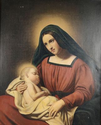une peinture représentant une femme tenant un bébé sur ses genoux
