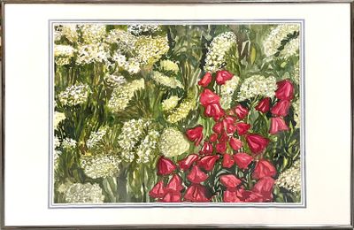 painting of red and white flowers in a field of white flowers