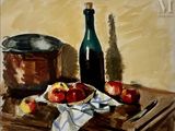 a painting of apples on a table next to a bottle of wine