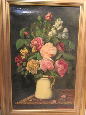 a painting of flowers in a vase on a table
