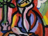 an image of a painting of a woman sitting at a table with a book