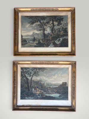two framed paintings of a landscape and a river