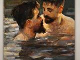 une peinture à l'huile représentant un homme et une femme dans un plan d'eau