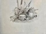 an old book with a drawing of a boat and other items