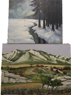 two paintings of snow covered mountains and a river in the distance