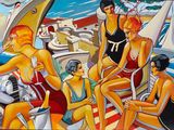 tableau représentant un groupe de personnes assises sur un bateau sur l'eau