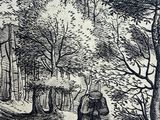 drawing of a man walking a dog down a path in a wooded area
