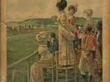 painting of a group of people sitting around a table in a field