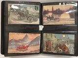 four different pictures of old cars are on display in a display case
