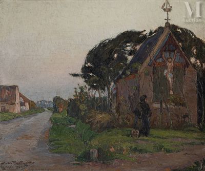 a painting of a man standing in front of a house