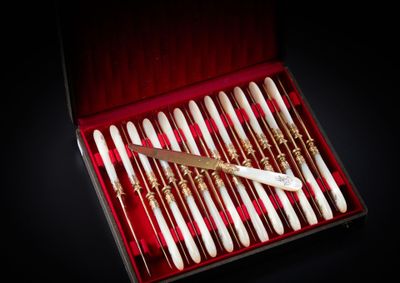 une image représentant un ensemble de brosses à dents blanches et dorées dans une boîte rouge