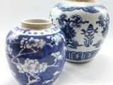 deux vases bleus et blancs placés l'un à côté de l'autre