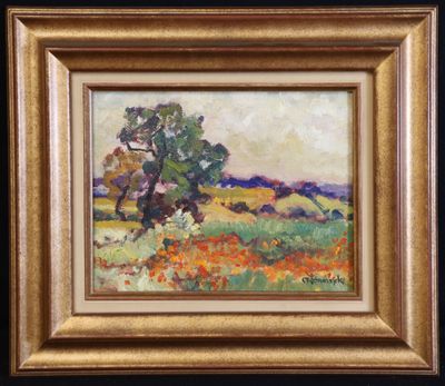 an oil painting of a field with a tree in the background