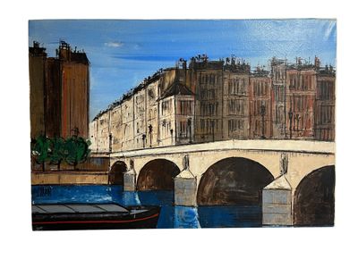 a painting of a bridge over a river with a boat on it