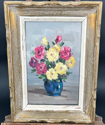 a painting of flowers in a blue vase on a table