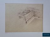 un vieux dessin représentant un bâtiment avec une tour au milieu
