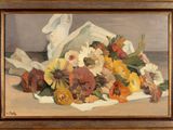 painting of a bunch of flowers on a table next to a vase
