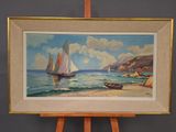 a picture of a painting on a easel with a boat in the water