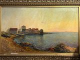 une image représentant un tableau d'un phare sur un rivage rocheux