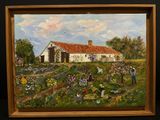 une peinture à l'huile représentant une scène de ferme avec une maison à l'arrière-plan